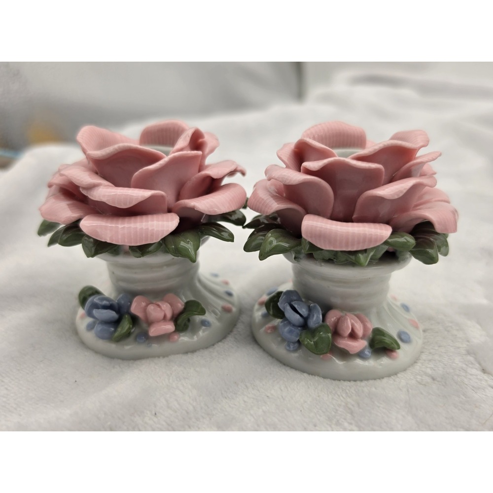 Vintage Porcelain Handcrafted Rose Candle Holders on Pedestals